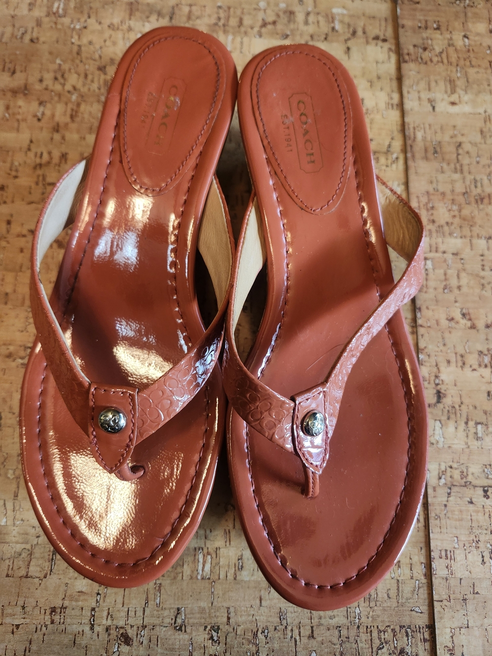 COACH Women’s Orange Patent Leather Thong Sandals